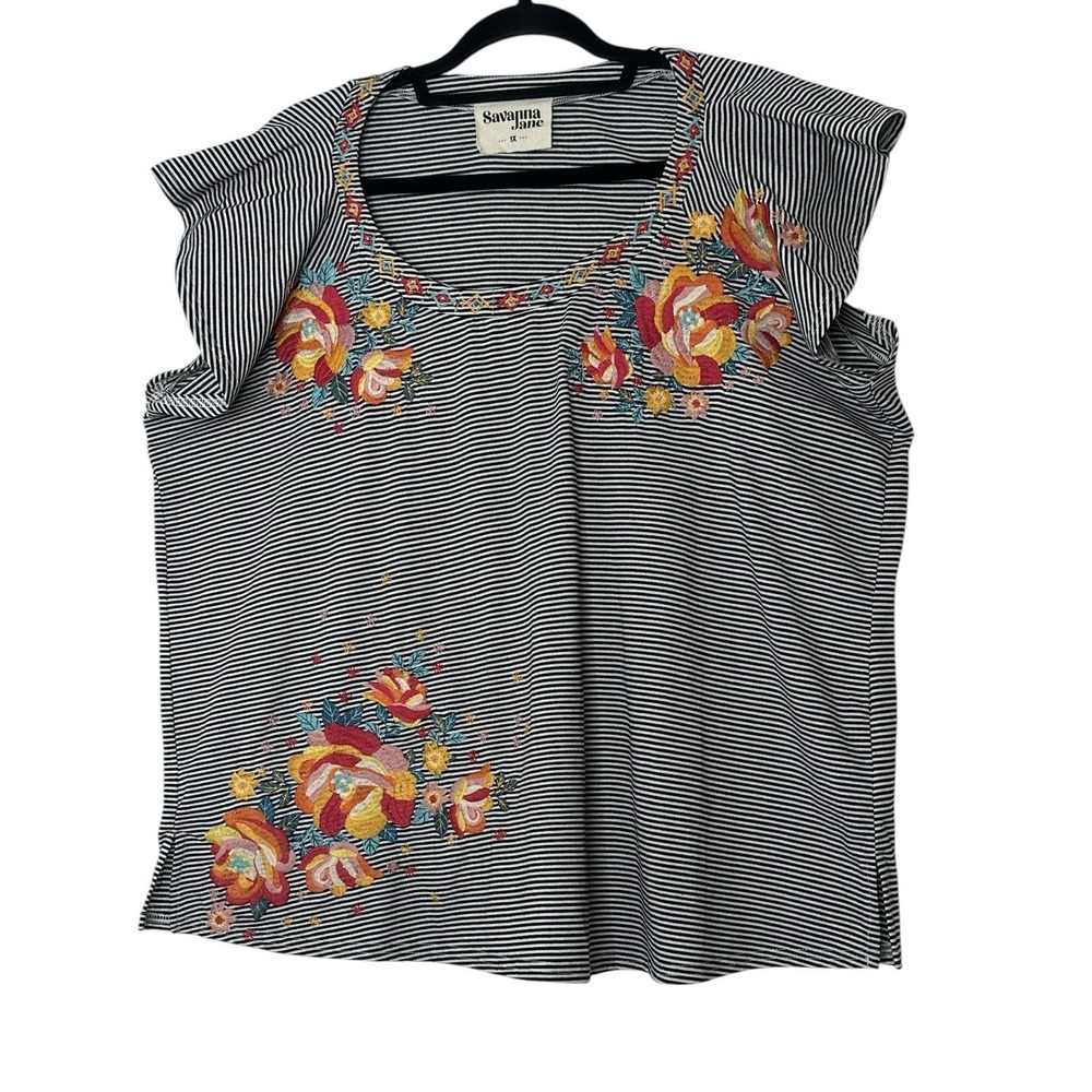 Savannah Jane Top Women's 1X Embroidered Floral  Cap‎ Sleeve Stretch Boho